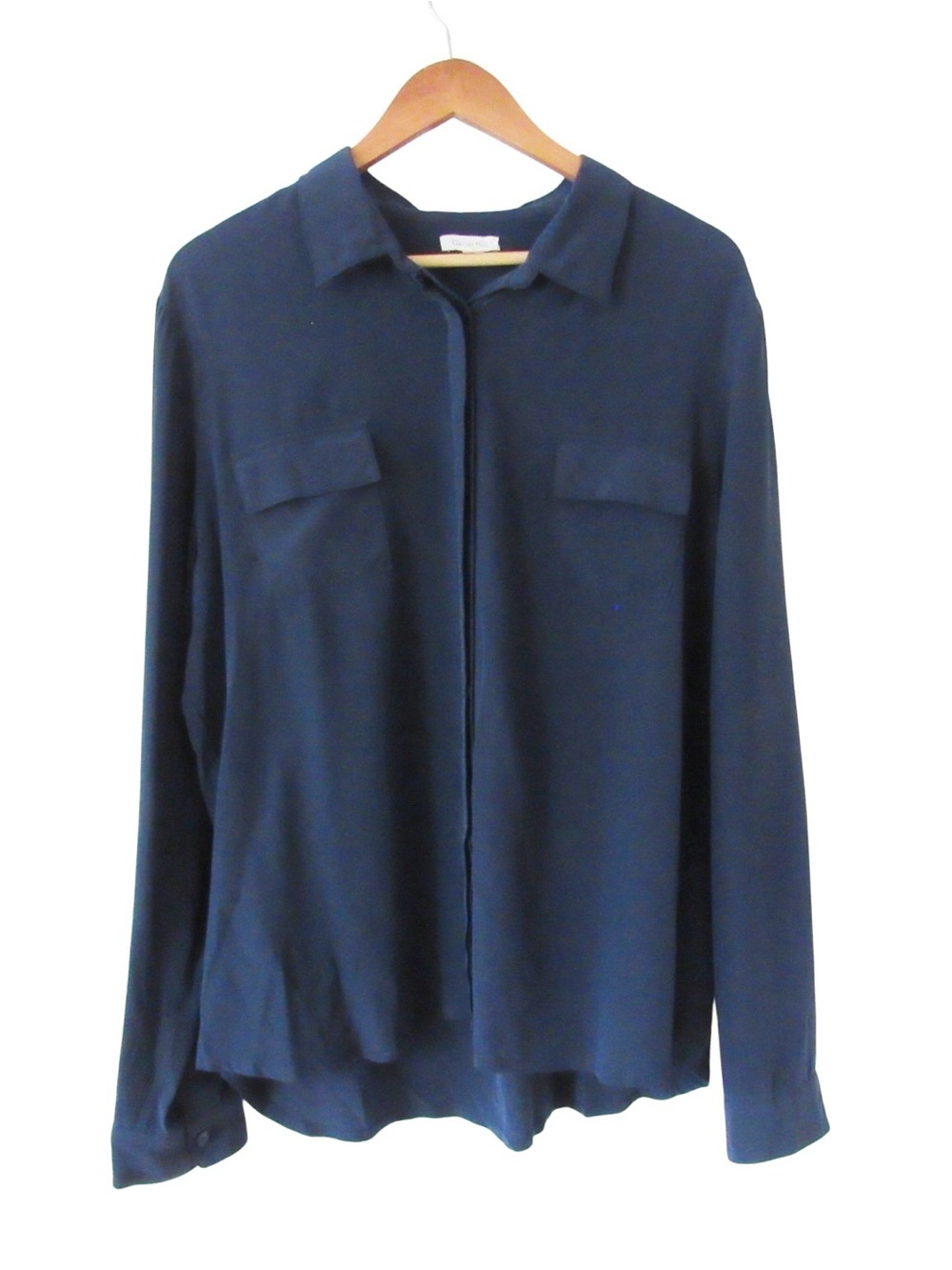 Garnet Hill Silk Button Down Blouse 18 Navy Blue Hidden Placket Minimalist
